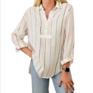 Artisan NY 100% Linen Striped Popover Tunic Shirt Top M Blue White Rust